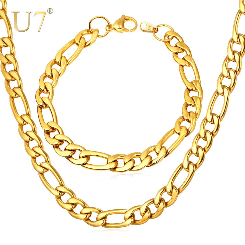 U7 Men Jewelry Set Black/Gold Color Stainless Steel 5MM Figaro Chain430