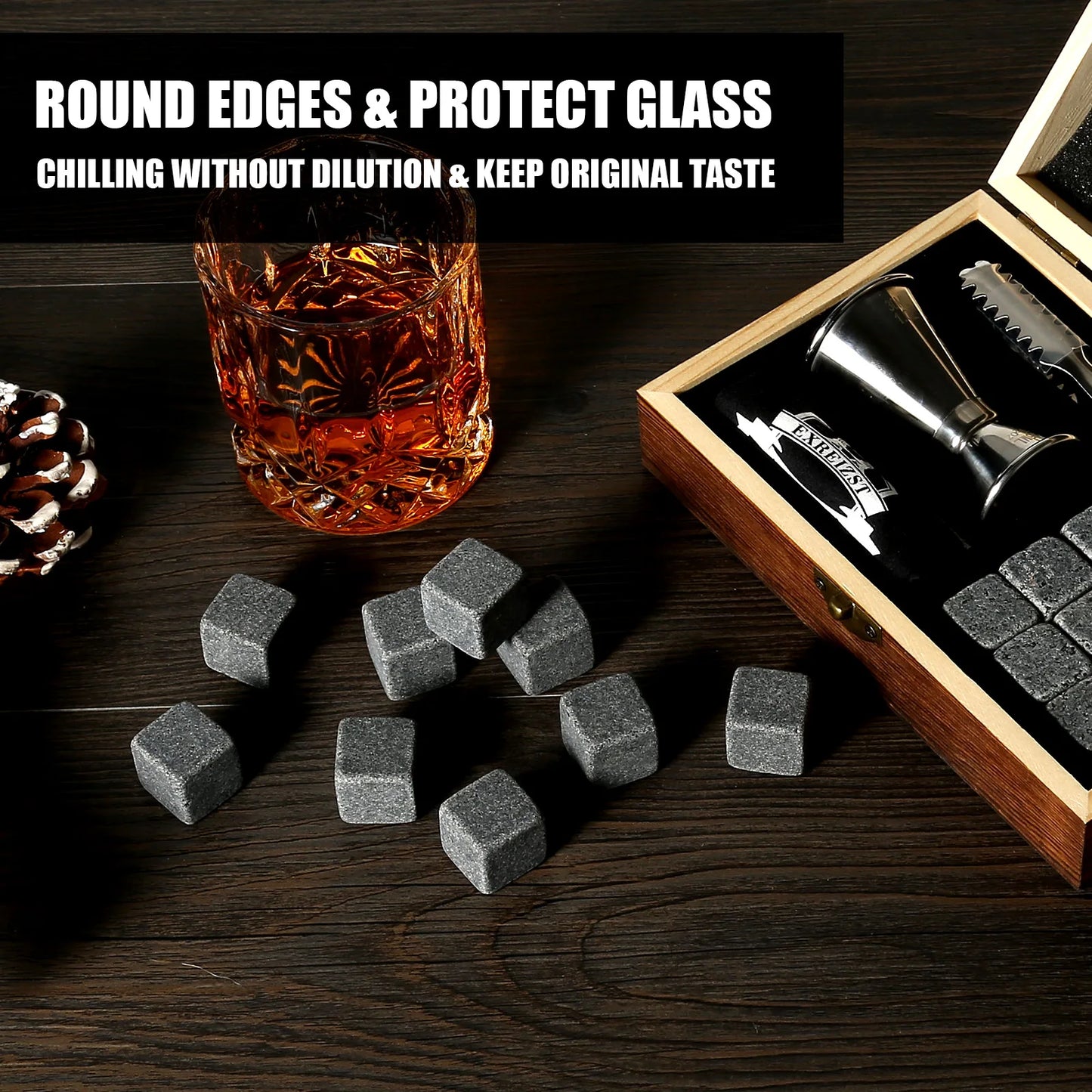 Whiskey 9 Granite Chilling Stones Drinking Gifts Set for Men