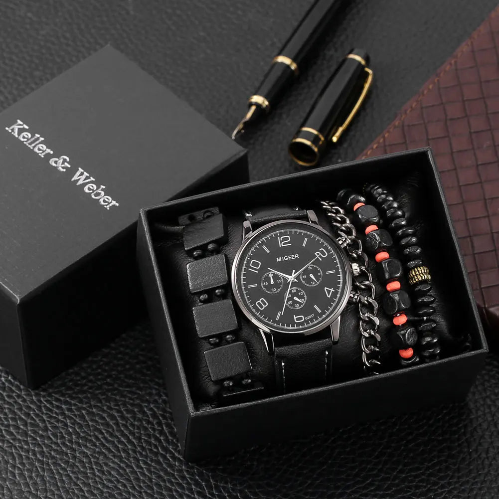 Watch Gift Set for Men Black Quartz Numerals Dial Men's Leather Watches Adjustable Bracelet Gift Set