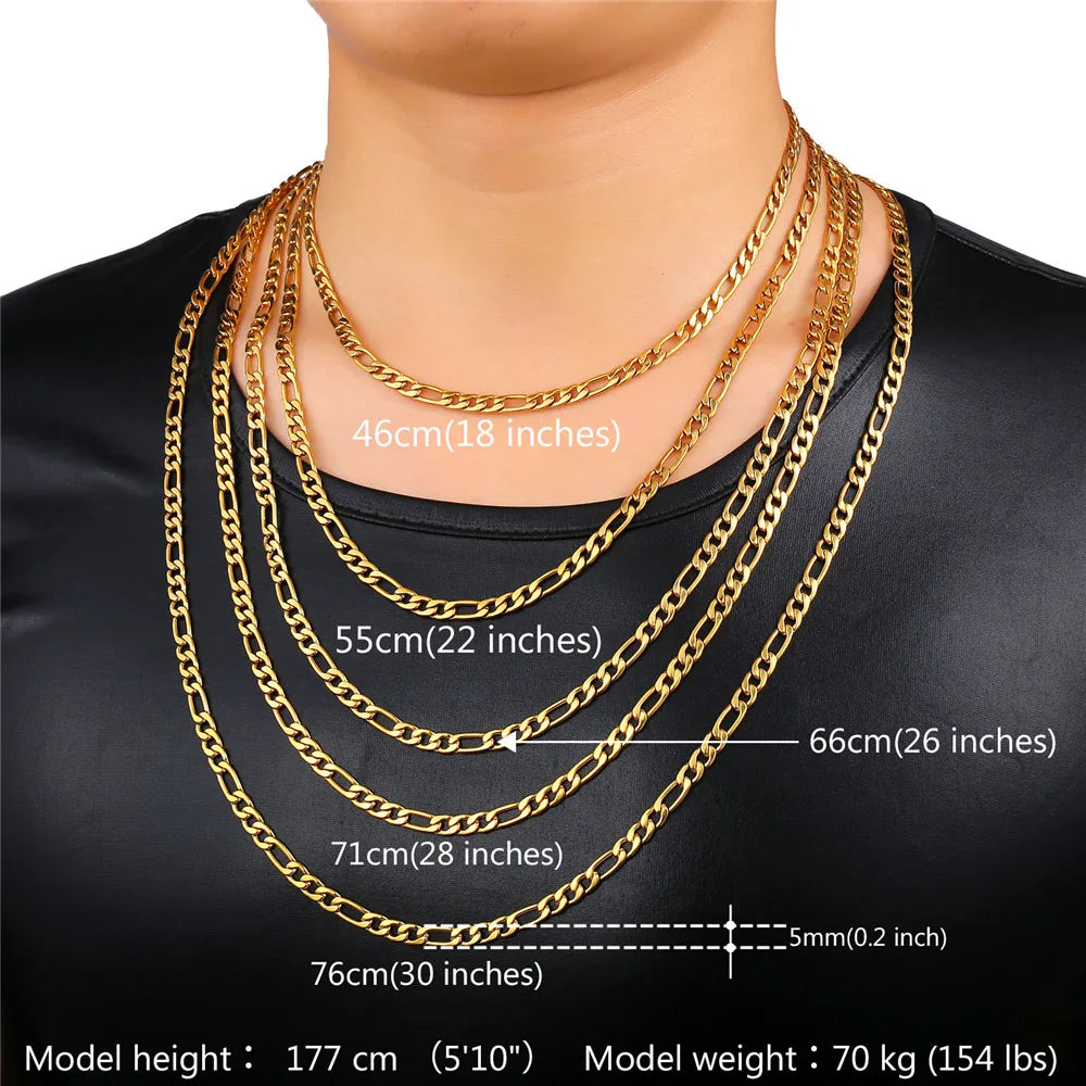 U7 Men Jewelry Set Black/Gold Color Stainless Steel 5MM Figaro Chain430