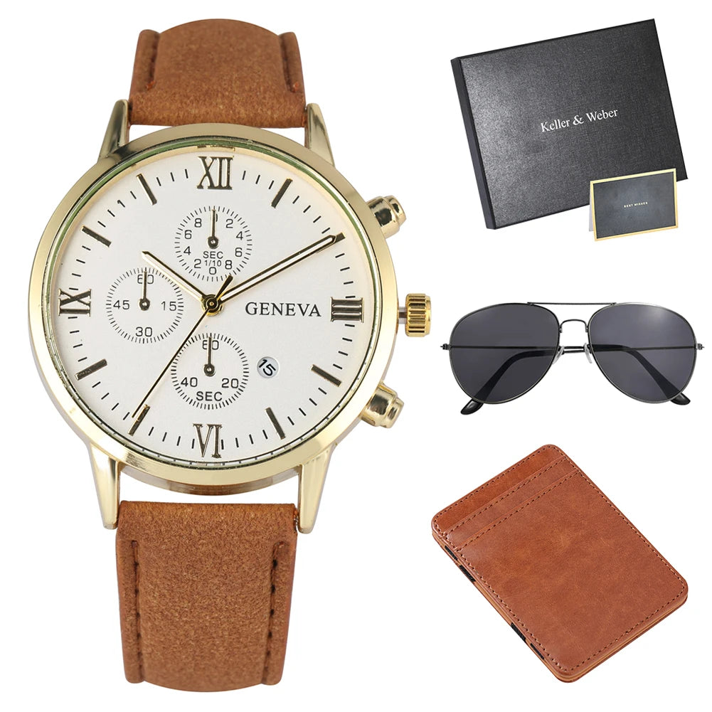 Keller & Weber Men's Watch Wallet Sunglass Gift Set with Box