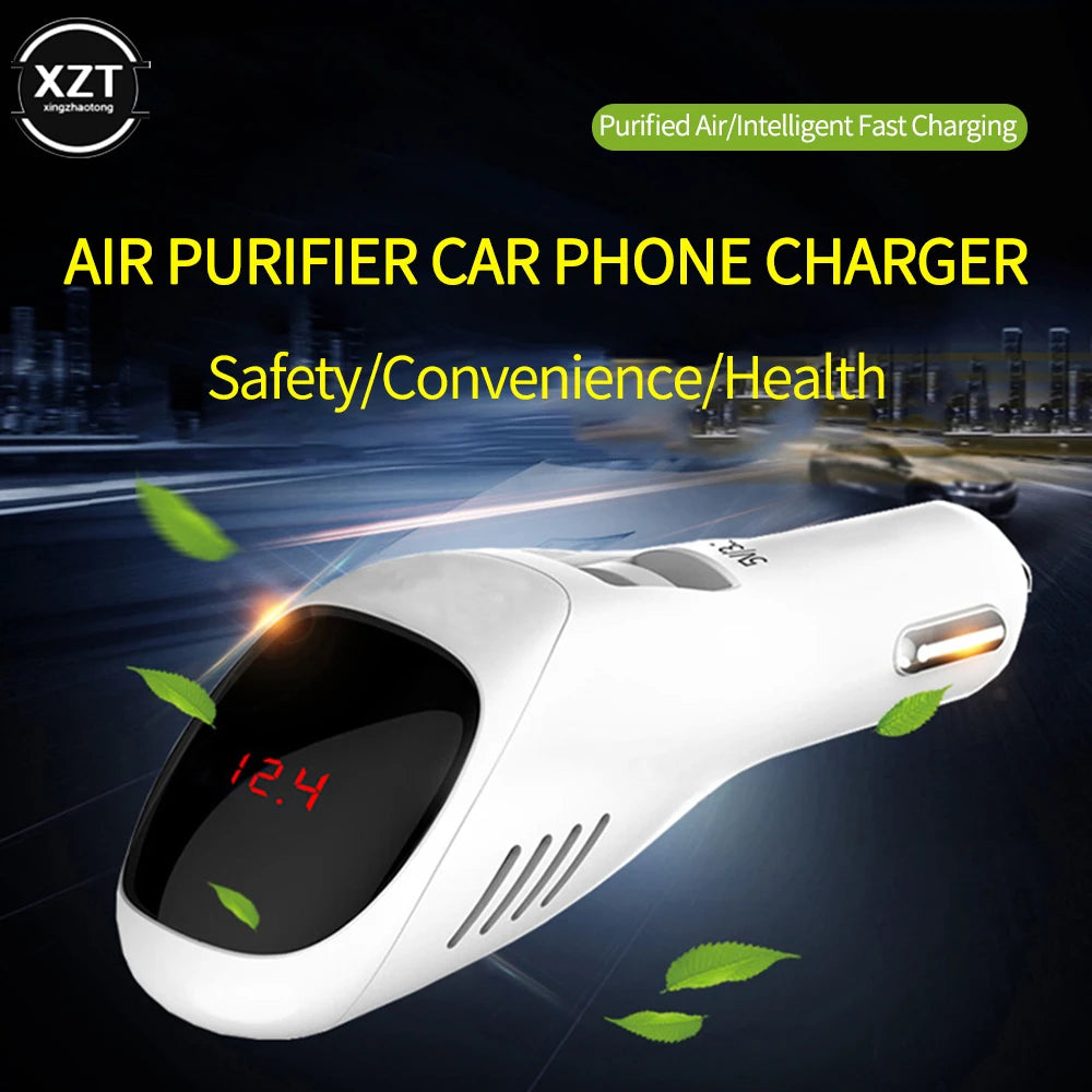 Car Air Purifier 12V 24V Negative Ions Dual USB Fast Car Charger