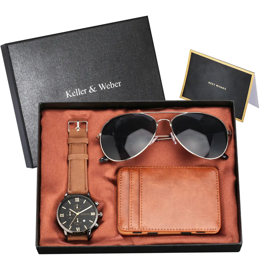 Keller & Weber Men's Watch Wallet Sunglass Gift Set with Box