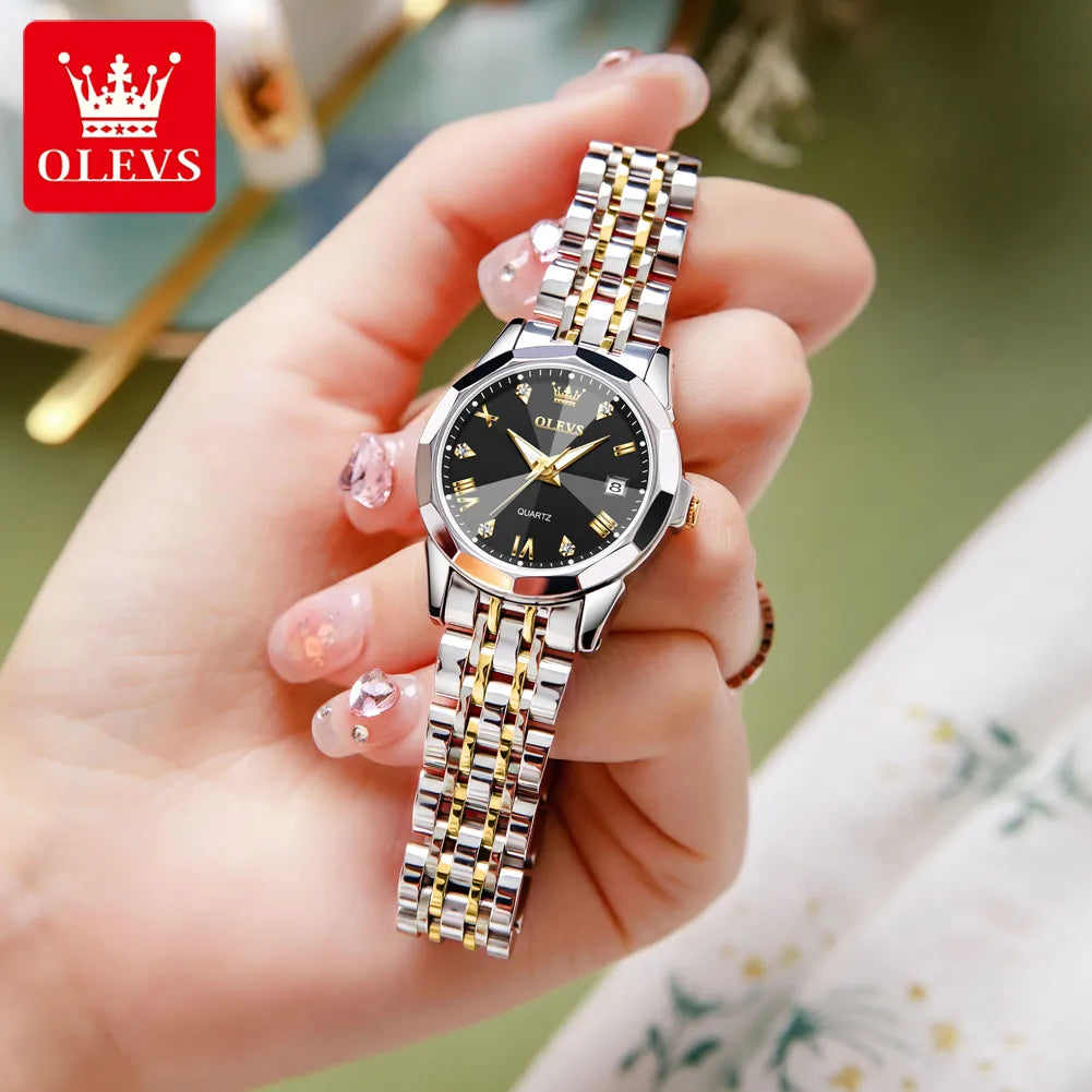 OLEVS Quartz Watch Solid Stainless Steel Strap Rhombus Ladies Wristwatch Bracelet Gift Box