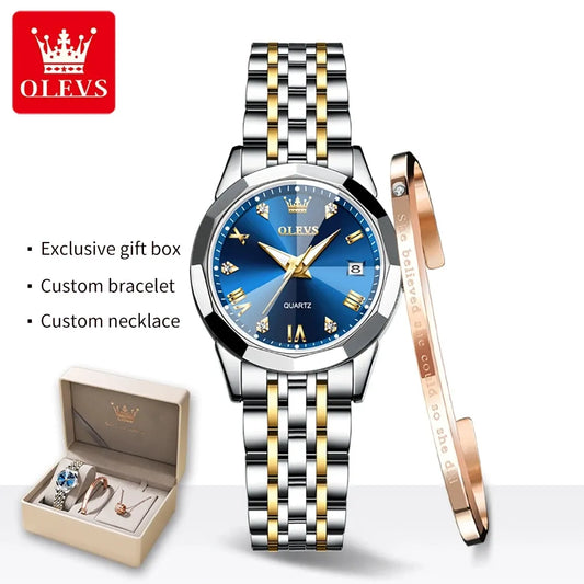 OLEVS Quartz Watch Solid Stainless Steel Strap Rhombus Ladies Wristwatch Bracelet Gift Box