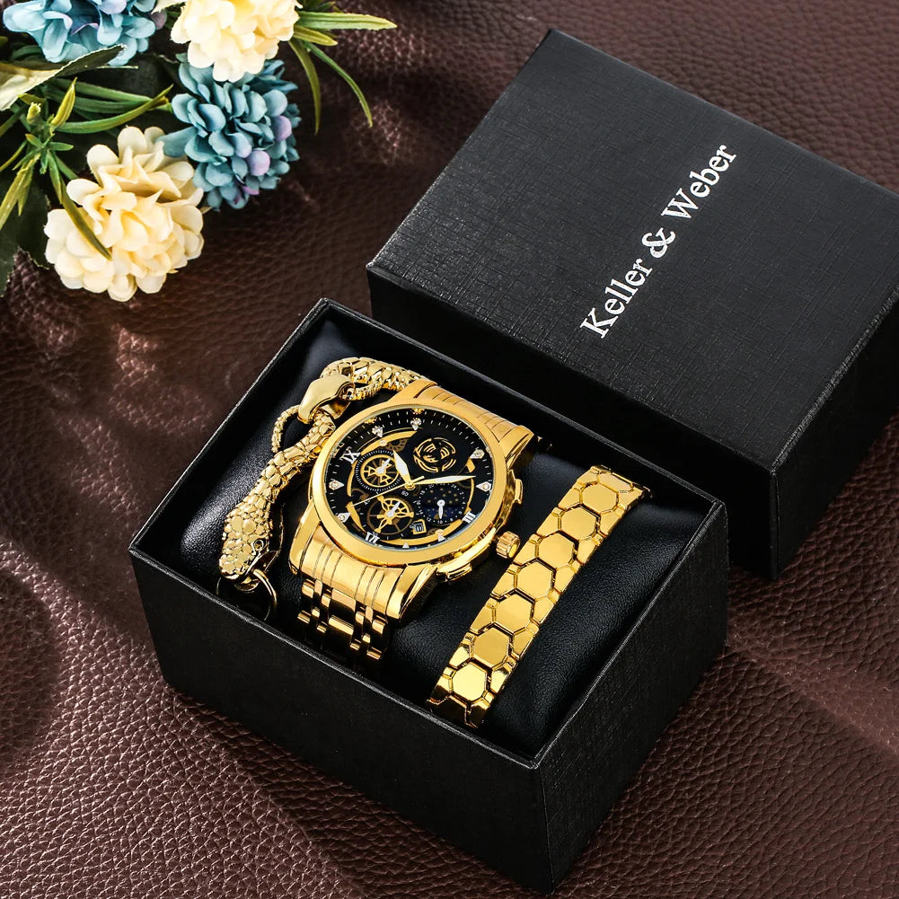 Luxury Watch Gift Set for Men Full Steel Quartz Hollow with 2 Pcs Premium Bracelets Box