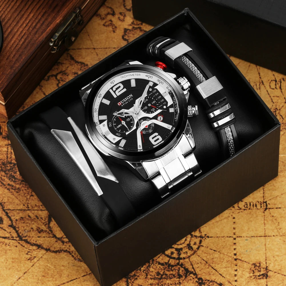 Watch Men Luxury Gift Set Multifunction Chronograph Quartz Wristwatch