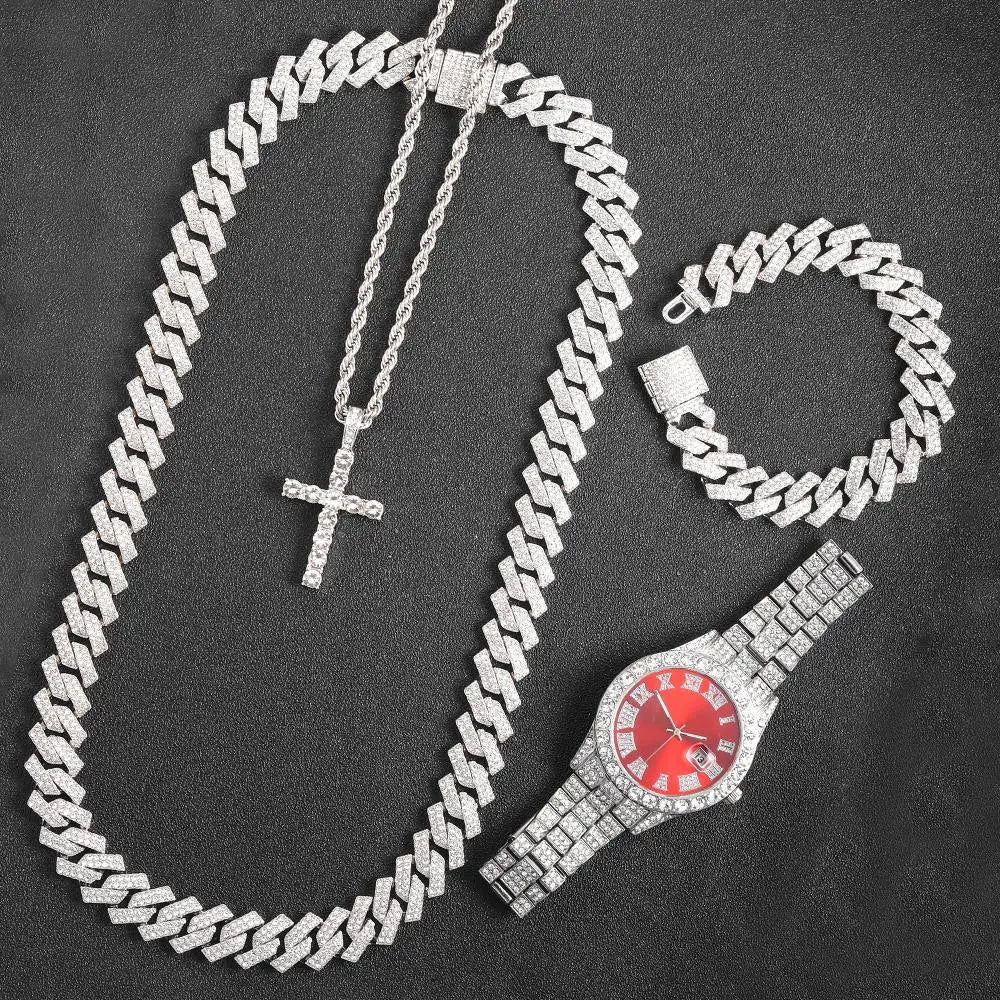 16mm Cuban Link Chain Set Necklace +Watch+Bracelet Miami Chain Sets