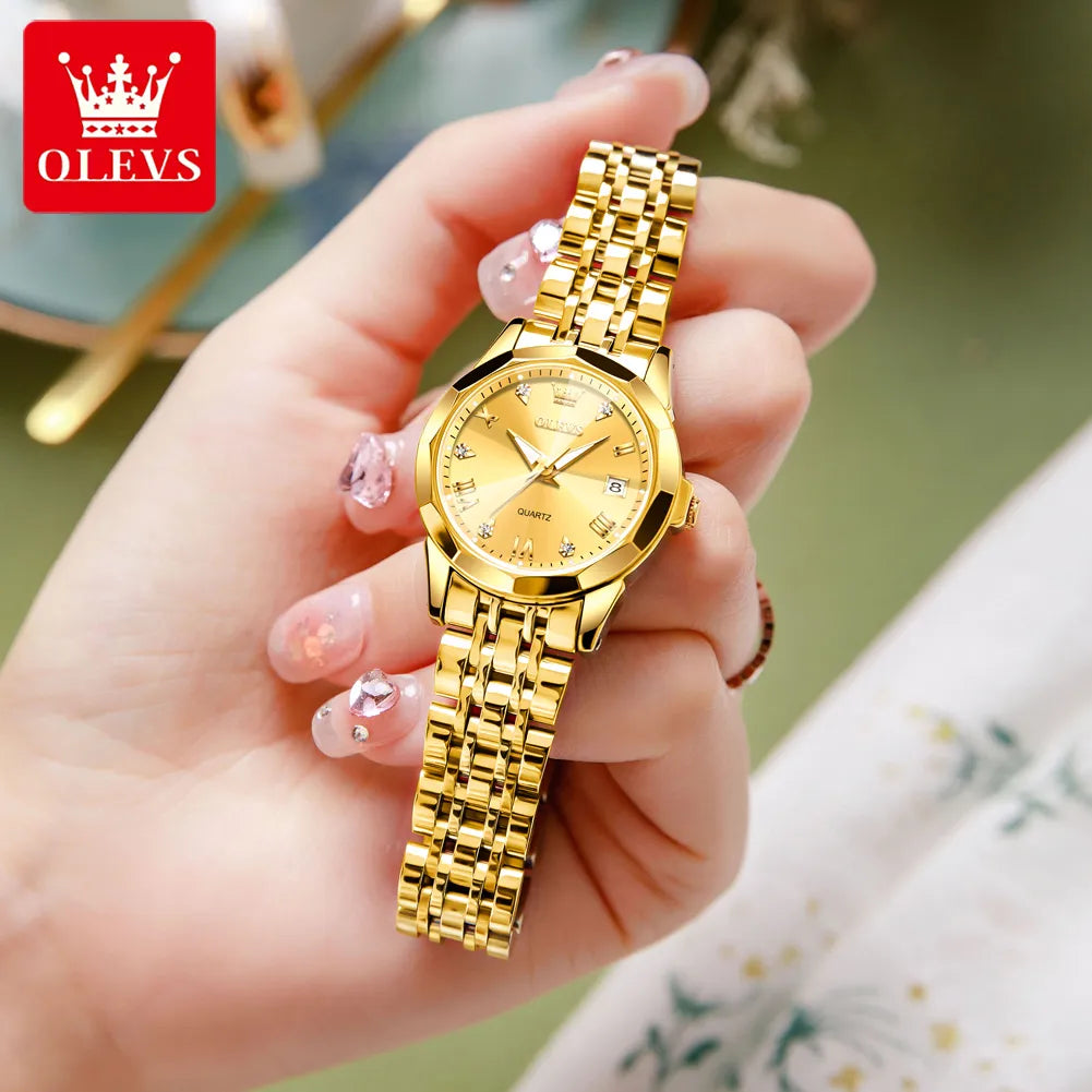 OLEVS Quartz Watch Solid Stainless Steel Strap Rhombus Ladies Wristwatch Bracelet Gift Box