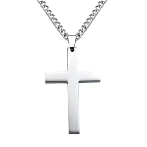 Silver Cross Necklace for Men, Silver Plated Stainless Steel Cuban Chain Necklac