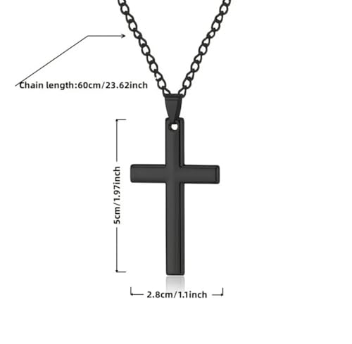 Black Cross Necklace for Men, Silver Plated Stainless Steel Cuban Chain Necklace