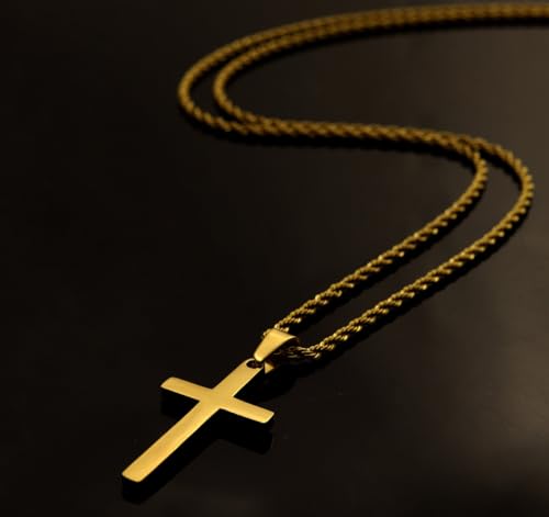 Gold Cross Necklace for Men, Silver Plated Stainless Steel Cuban Chain Necklace