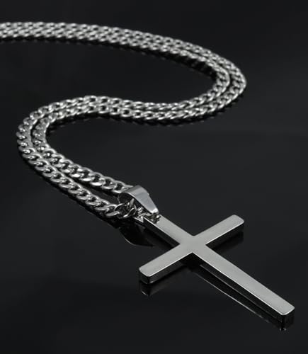 Silver Cross Necklace for Men, Silver Plated Stainless Steel Cuban Chain Necklac