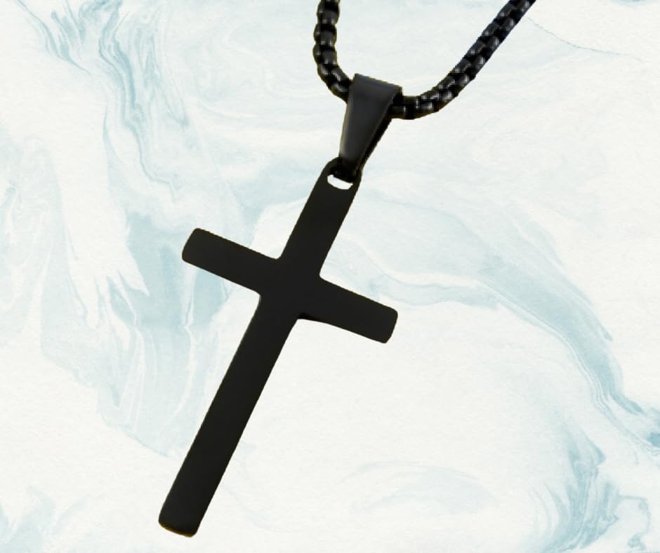 Black Cross Necklace for Men, Silver Plated Stainless Steel Cuban Chain Necklace