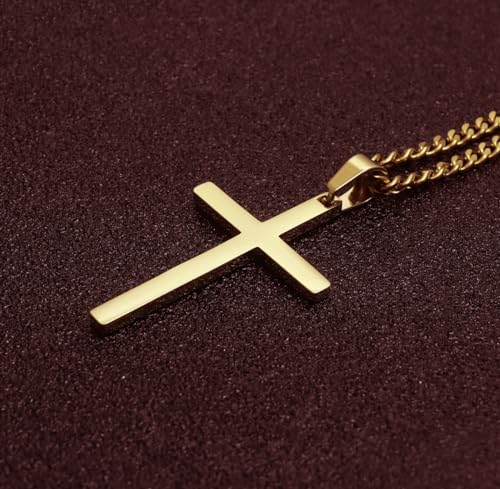 Gold Cross Necklace for Men, Silver Plated Stainless Steel Cuban Chain Necklace