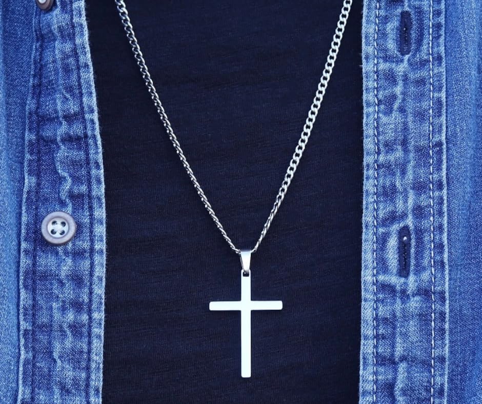 Black Cross Necklace for Men, Silver Plated Stainless Steel Cuban Chain Necklace